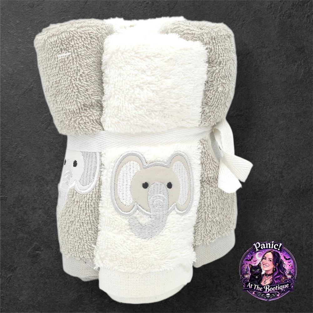 Elephant Washcloth 6Pk Cotton Grey White Embroidered Bath Set Plush Towel New